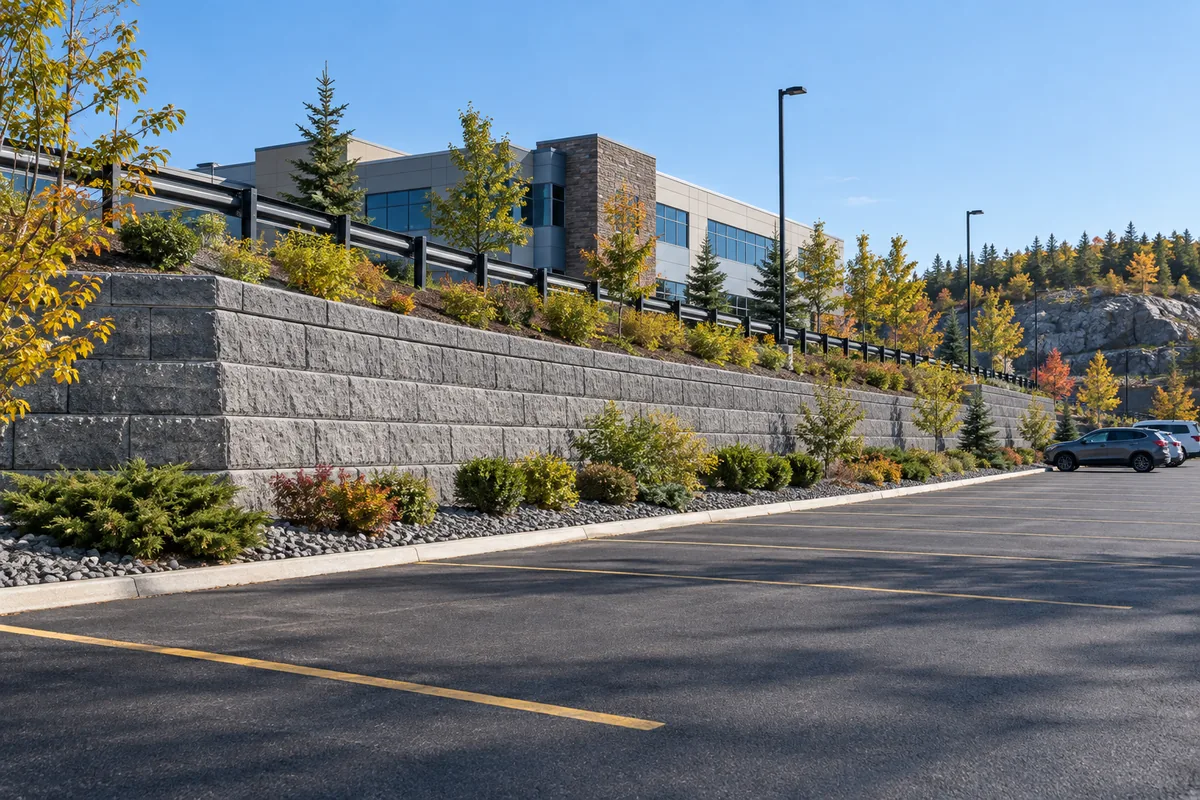 Tall block retaining wall beside a commercial access road — illustrative retaining wall option for the Moncton area