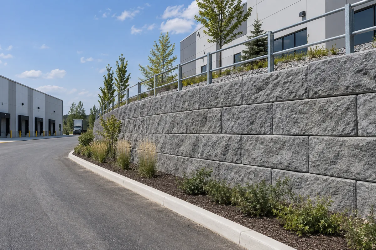 Large manufactured block wall beside an industrial property — illustrative retaining wall option for the Moncton area