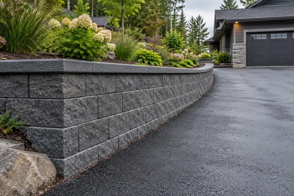 Curved concrete block wall beside a residential drive — illustrative retaining wall option for the Moncton area
