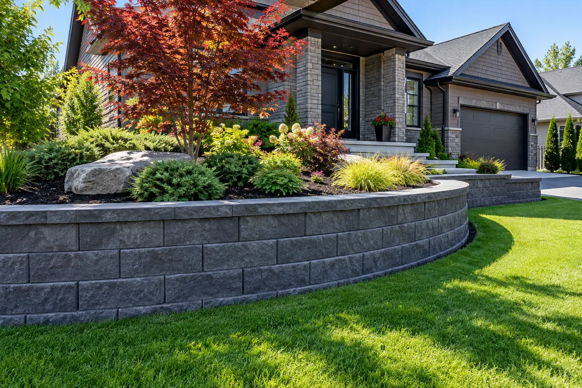 Curved residential block retaining wall with planting above — illustrative retaining wall option for the Moncton area