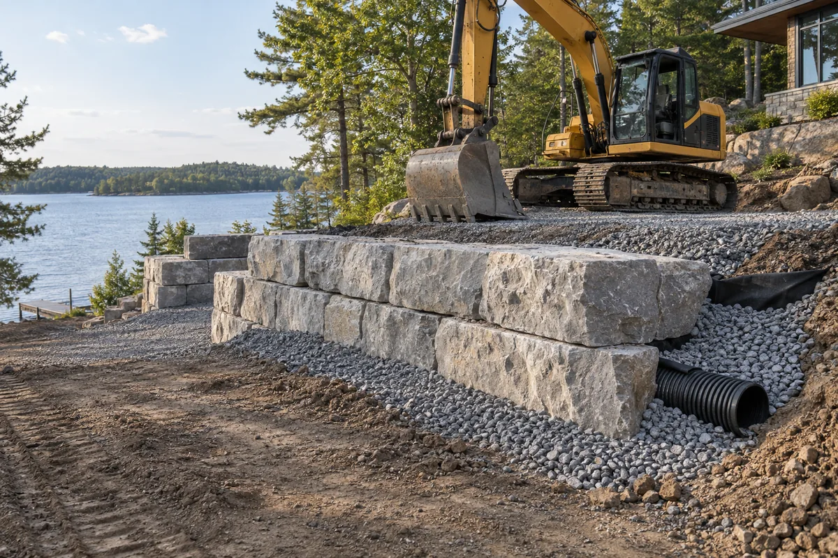 Heavy equipment placing natural retaining stone at an open worksite — illustrative retaining wall option for the Moncton area