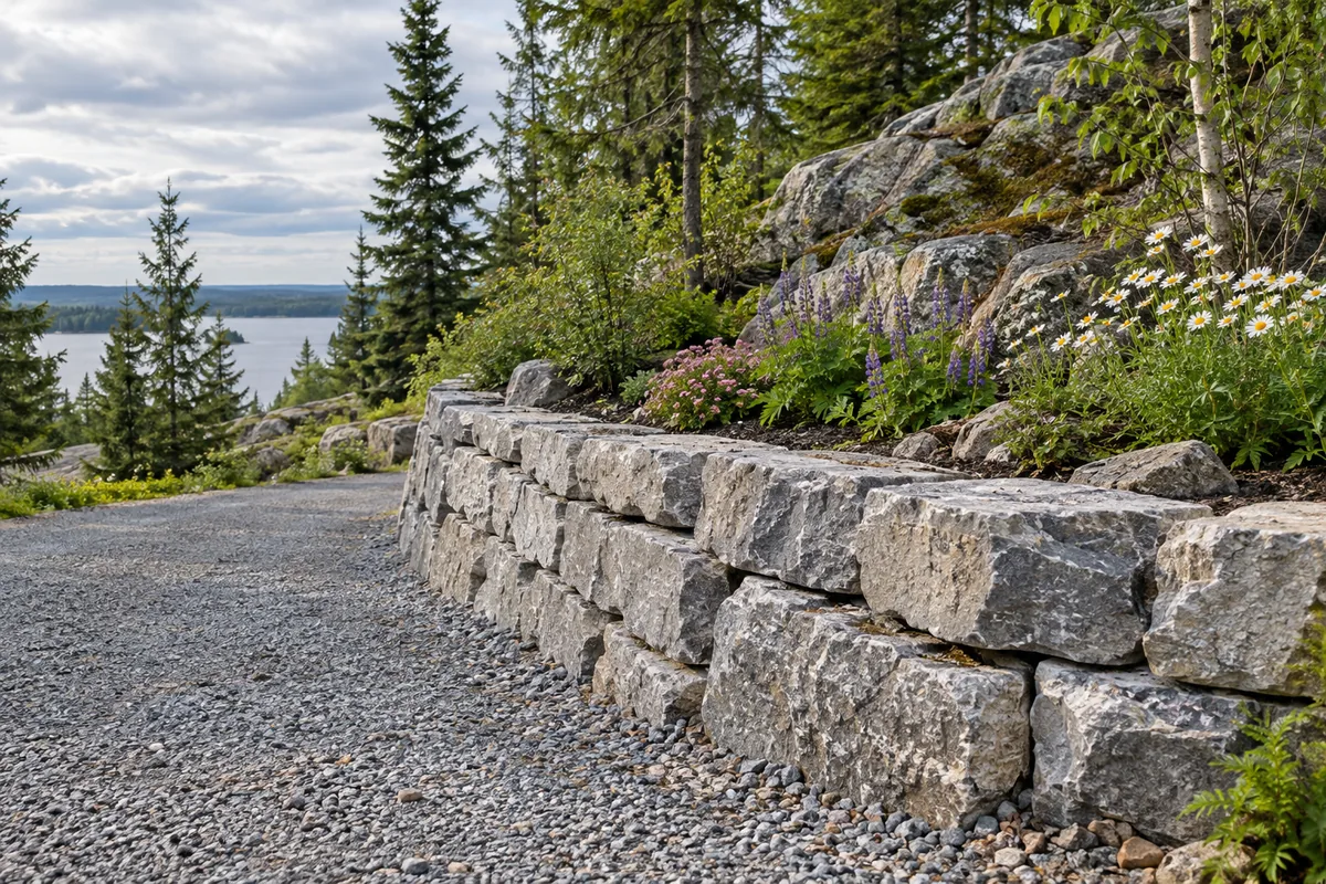Natural stone retaining courses along a wooded slope — illustrative retaining wall option for the Moncton area